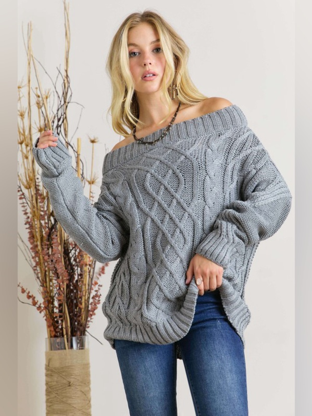 ADORA Cable Knit Off Shoulder Sweater